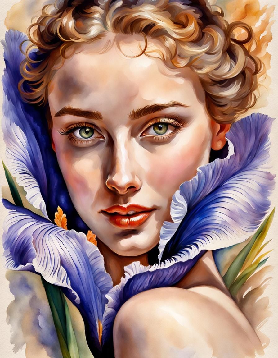 Coquettish girl, flower lover, watercolor portrait