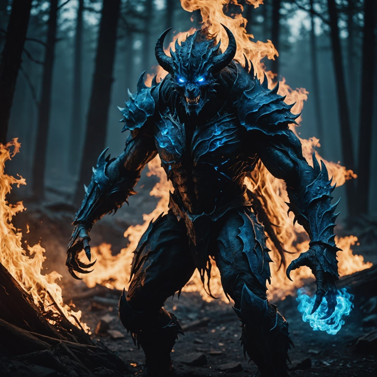 Dramatic Demon Engulfed in Blue Fire: Cinematic Still