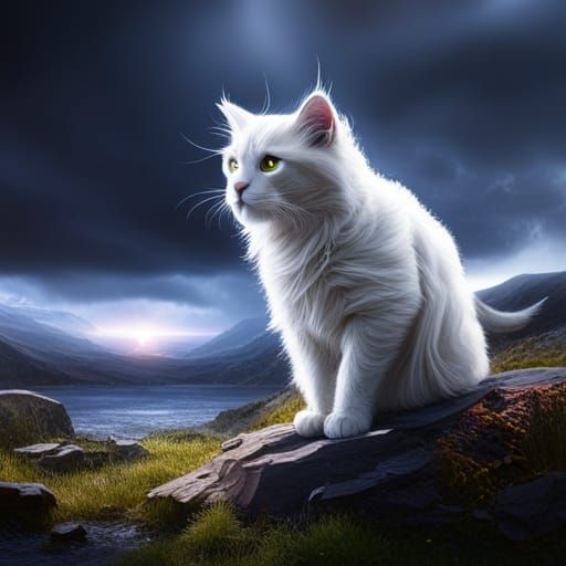 White Cat in Thunderstorm: Detailed Matte Painting