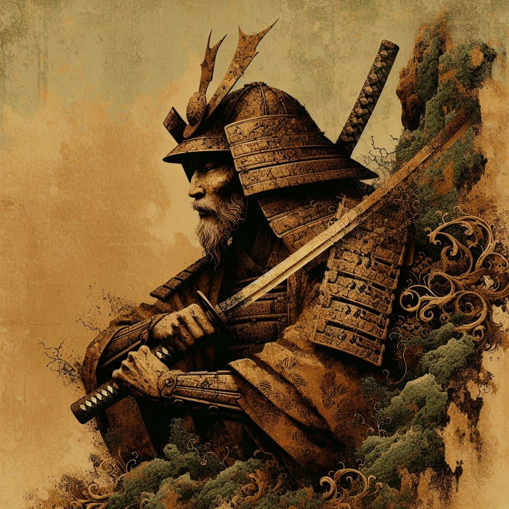 Majestic South Asian Samurai Portrait in Folkloric Style