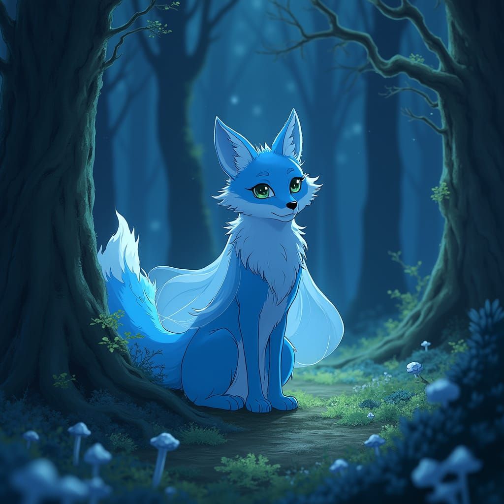 Blue Spirit Fox Emerges in Twilight Forest, Anime Style