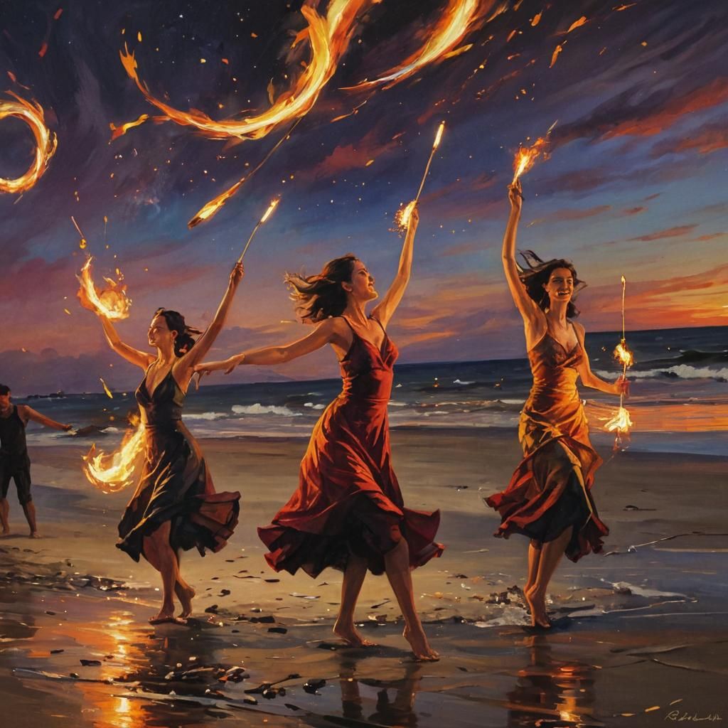Beach Fire Dancers at Sunset: Vibrant Oil Painting
