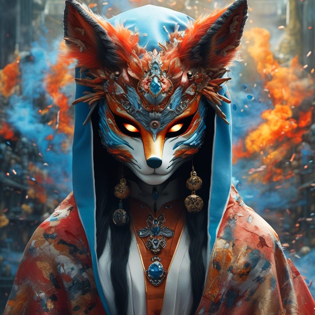 Fox Mask with Blue Flames, Fantasy Illustration