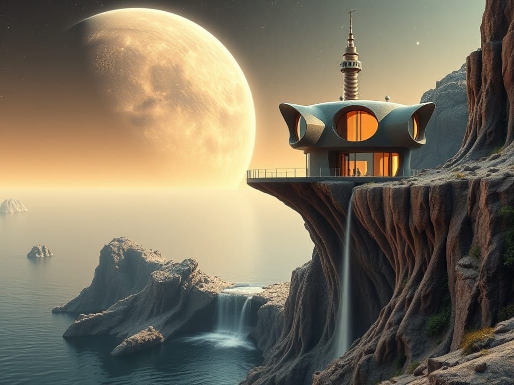 Alien Planet Cliffside Mansion in Cyberpunk Style