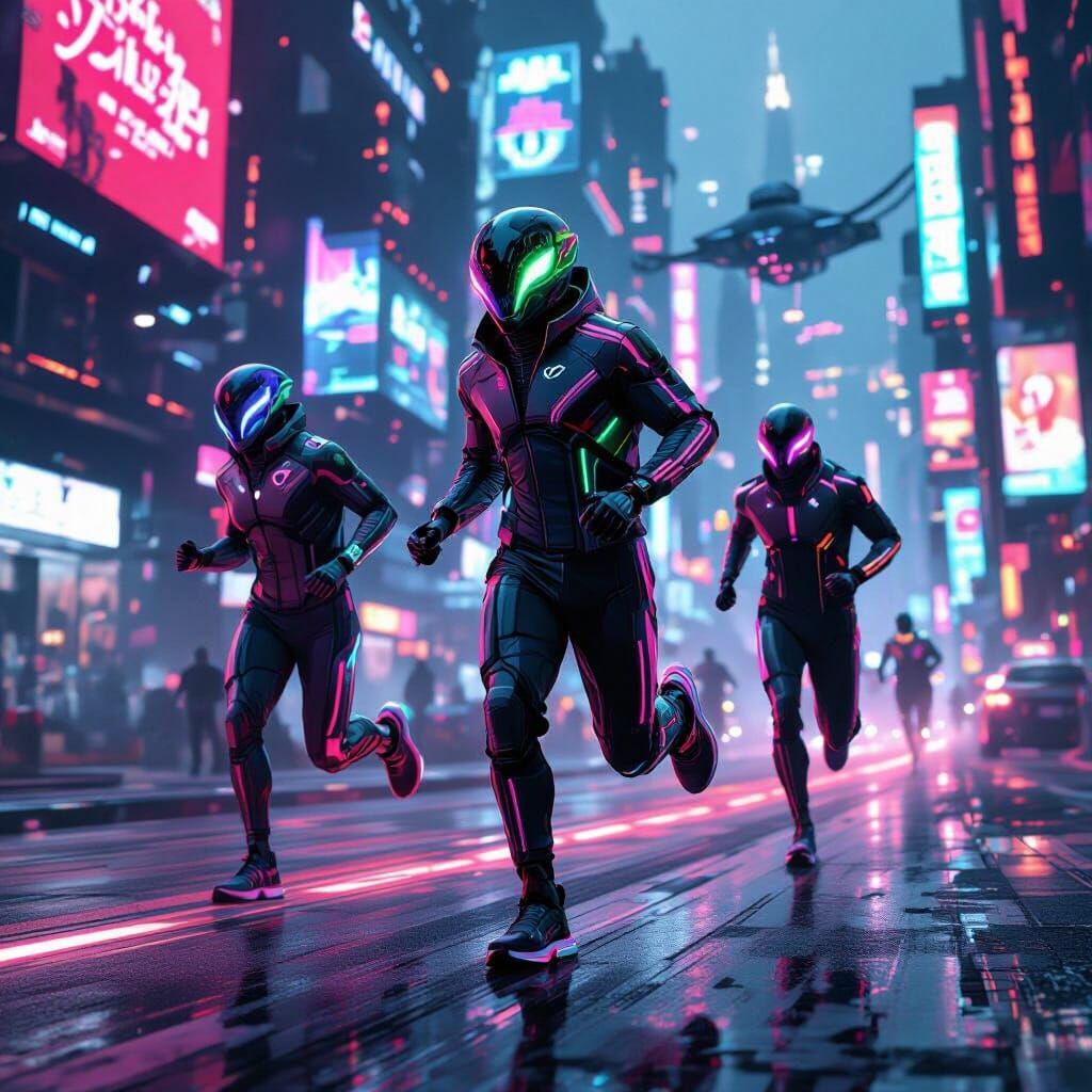 Cyberpunk Aliens Race Through Neon Cityscape