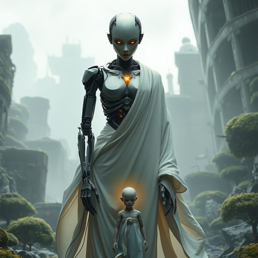 Android Protector in Ruined City: Cyberpunk Art