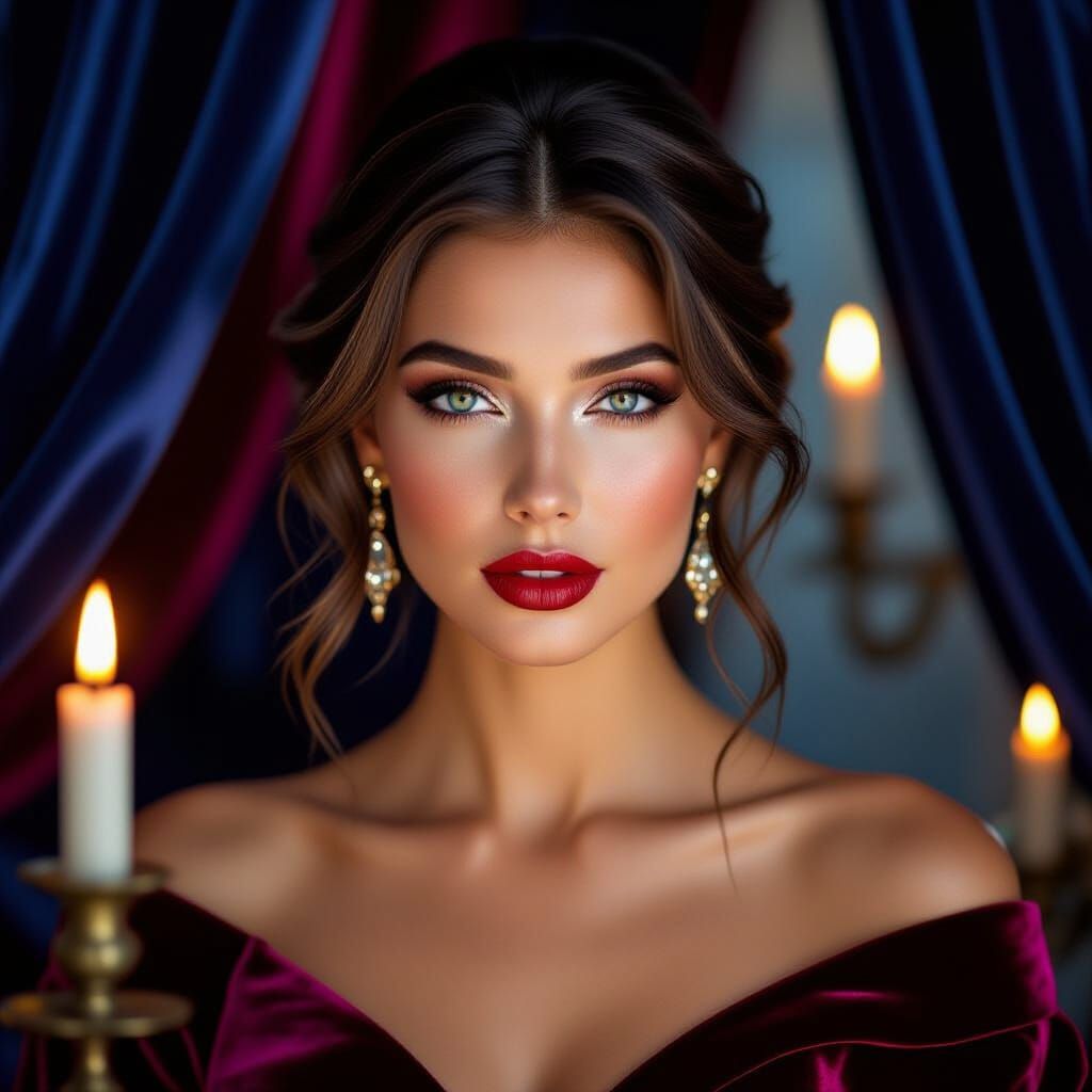 Radiant Woman in Velvet Drapes, Photorealistic 8K