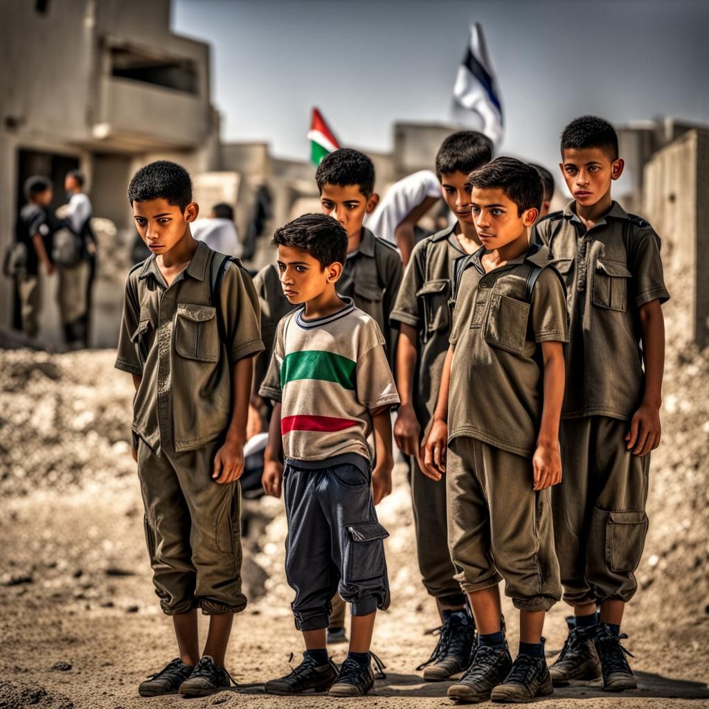 Young Boys Observe the Israeli Army with Gaza Flag