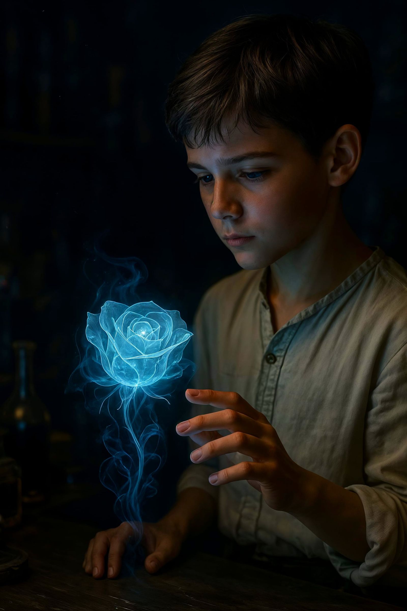 Alchemist and Ethereal Rose in a Dimly Lit Laboratory