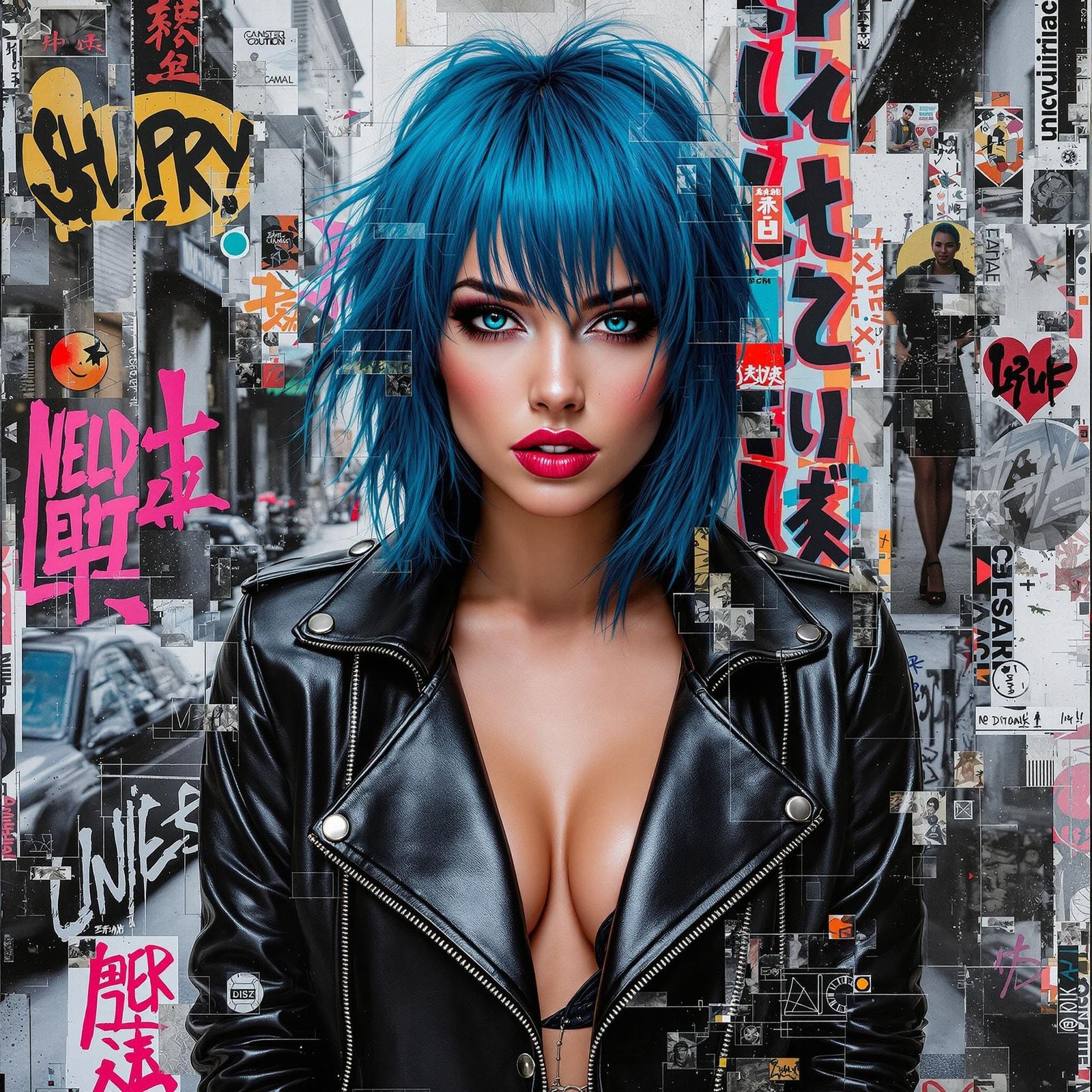 woman with blue hair, in the style of multi-layered collages, edgy street art, celebrity-portraits, cardboard, fragmente...