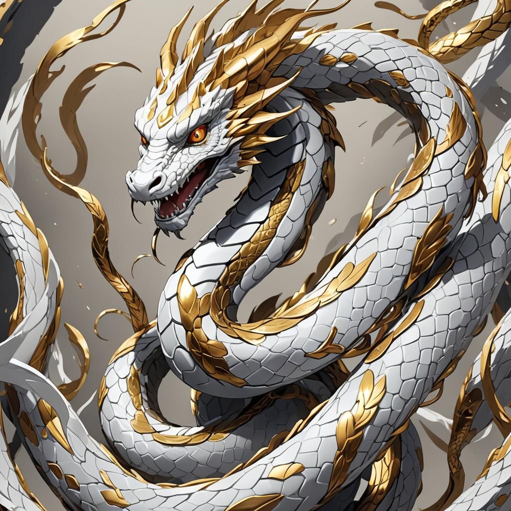 Gold and White Dragon-Snake Hybrid: Anime Style