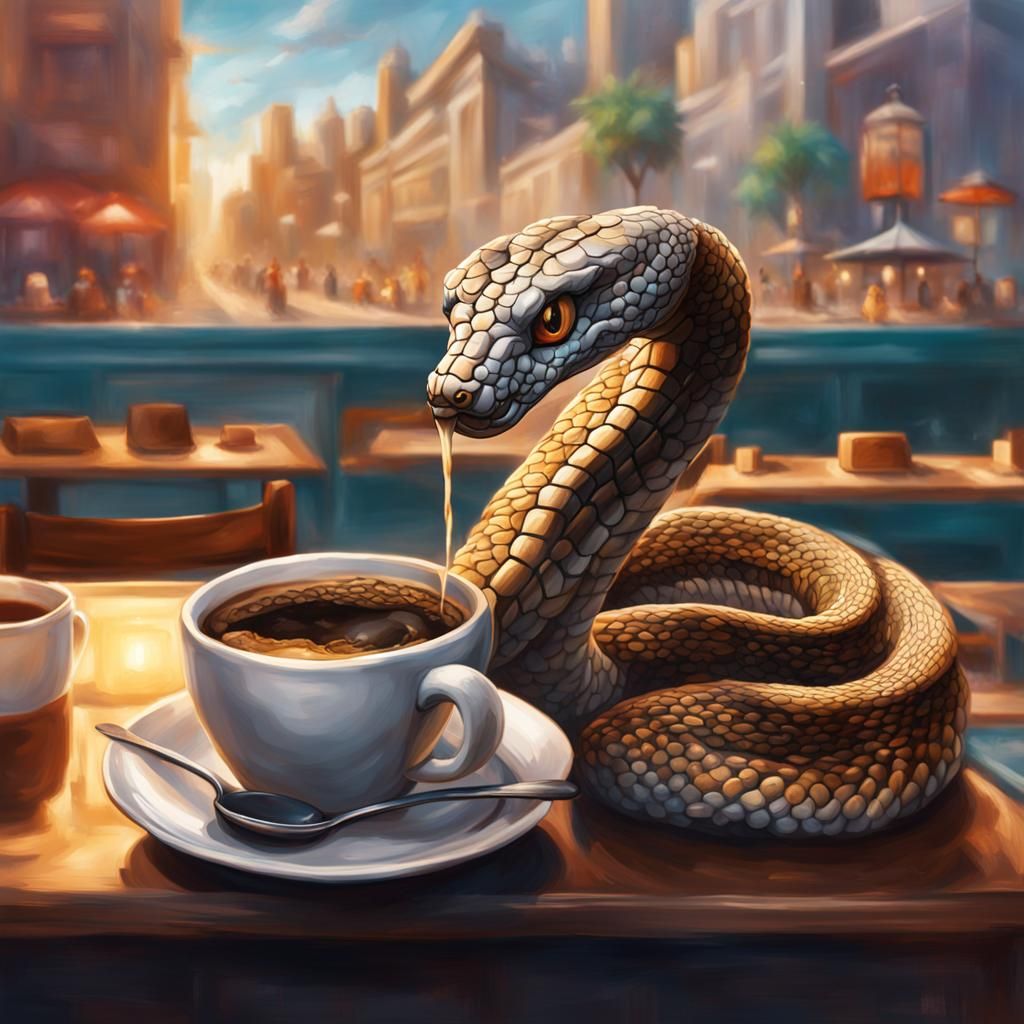 Cobra Snake Drinks Coffee: Hyperrealistic Splash Art