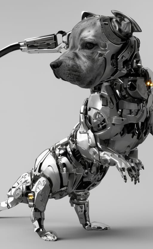 Cyborg Pitbull Cuddles Mouse in Futuristic Sci-Fi