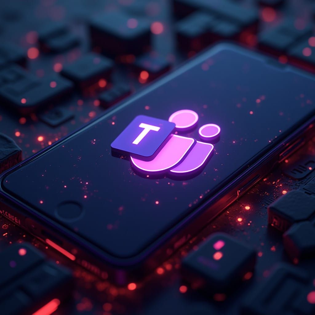 Glowing Microsoft Teams Logo in Futuristic High-Tech Scene