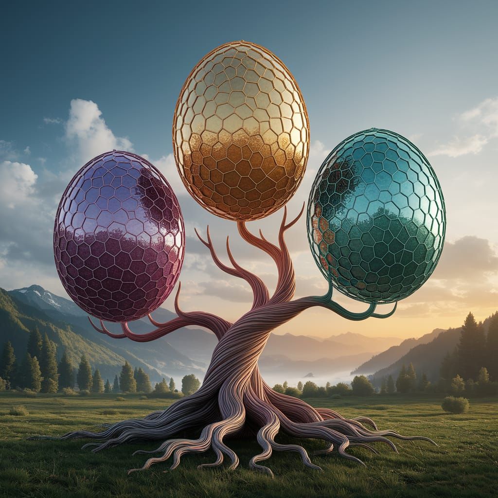 Surreal Glass Mosaic Eggs in Vibrant Textures Adorn a Tree o...