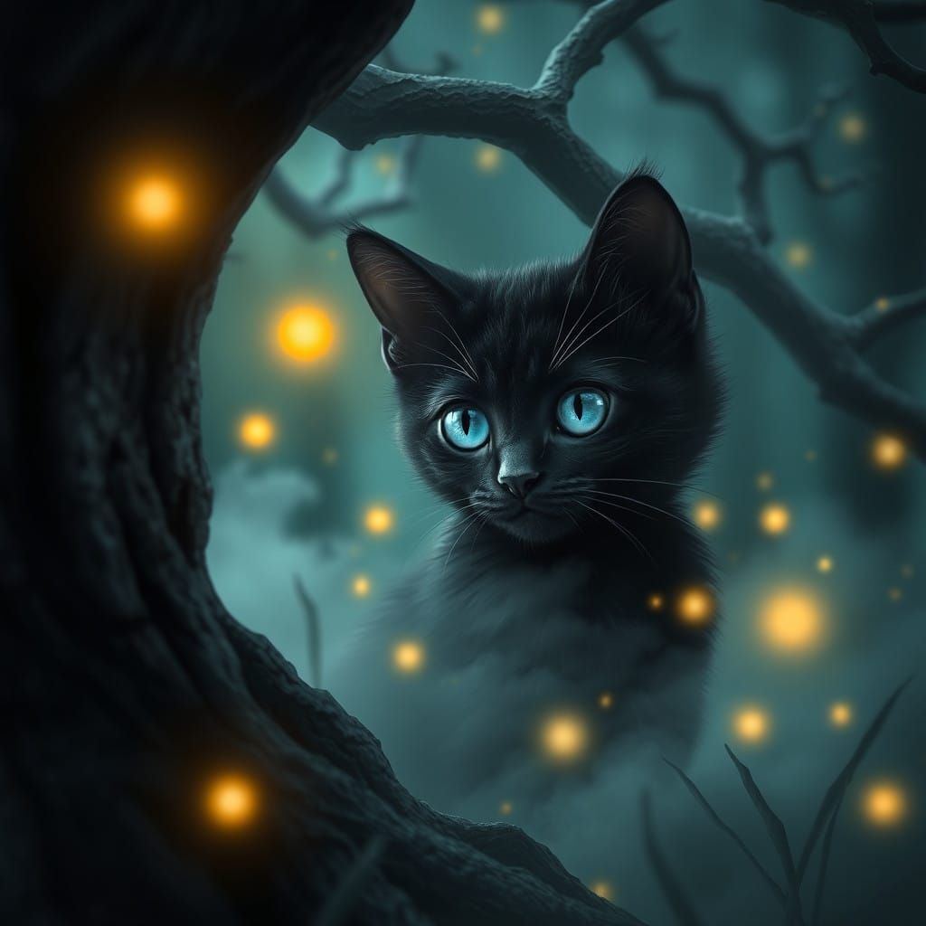 Whimsical Black Cat in Mysterious Dark Oak Forest with Firef...