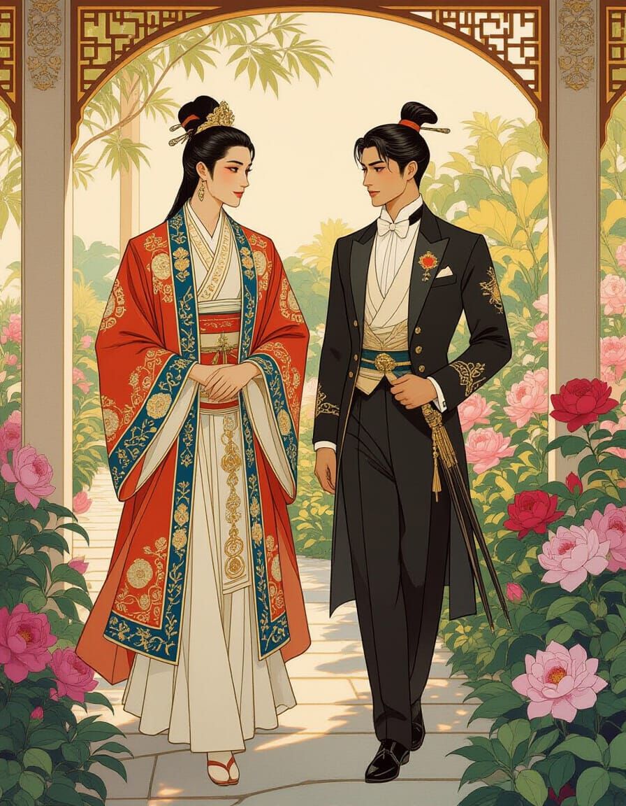 Regal Asian Prince in Palace Garden, Art Nouveau Style