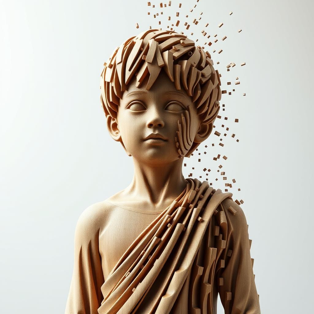 Wooden Sculpture of Boy Disintegrating in Digital Glitch