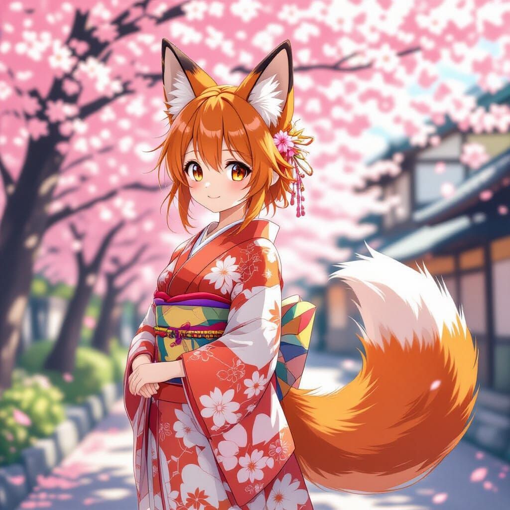Anime Fox Girl in Cherry Blossom Garden