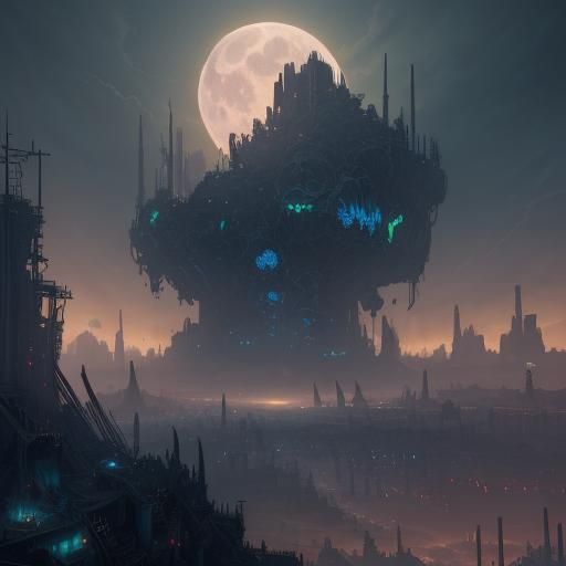 Dark Fantasy Scrapyard City with Magic Factory