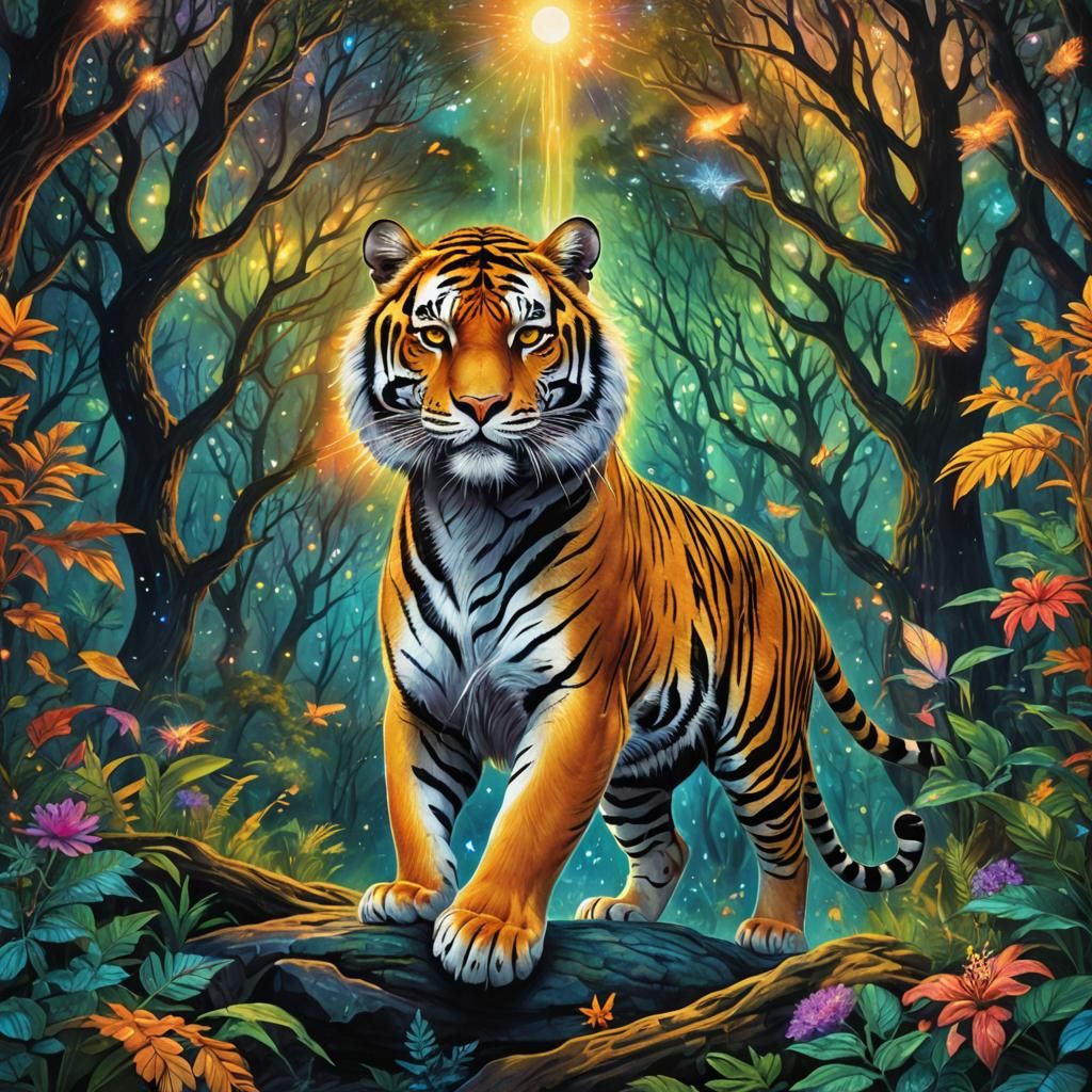 Holographic Tiger in Astral Forest, Mixed Media