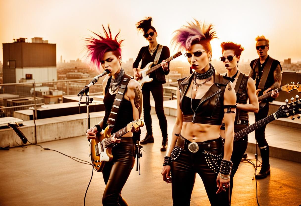 Punk Band on Rooftop Stage: Polaroid Sepia Photo