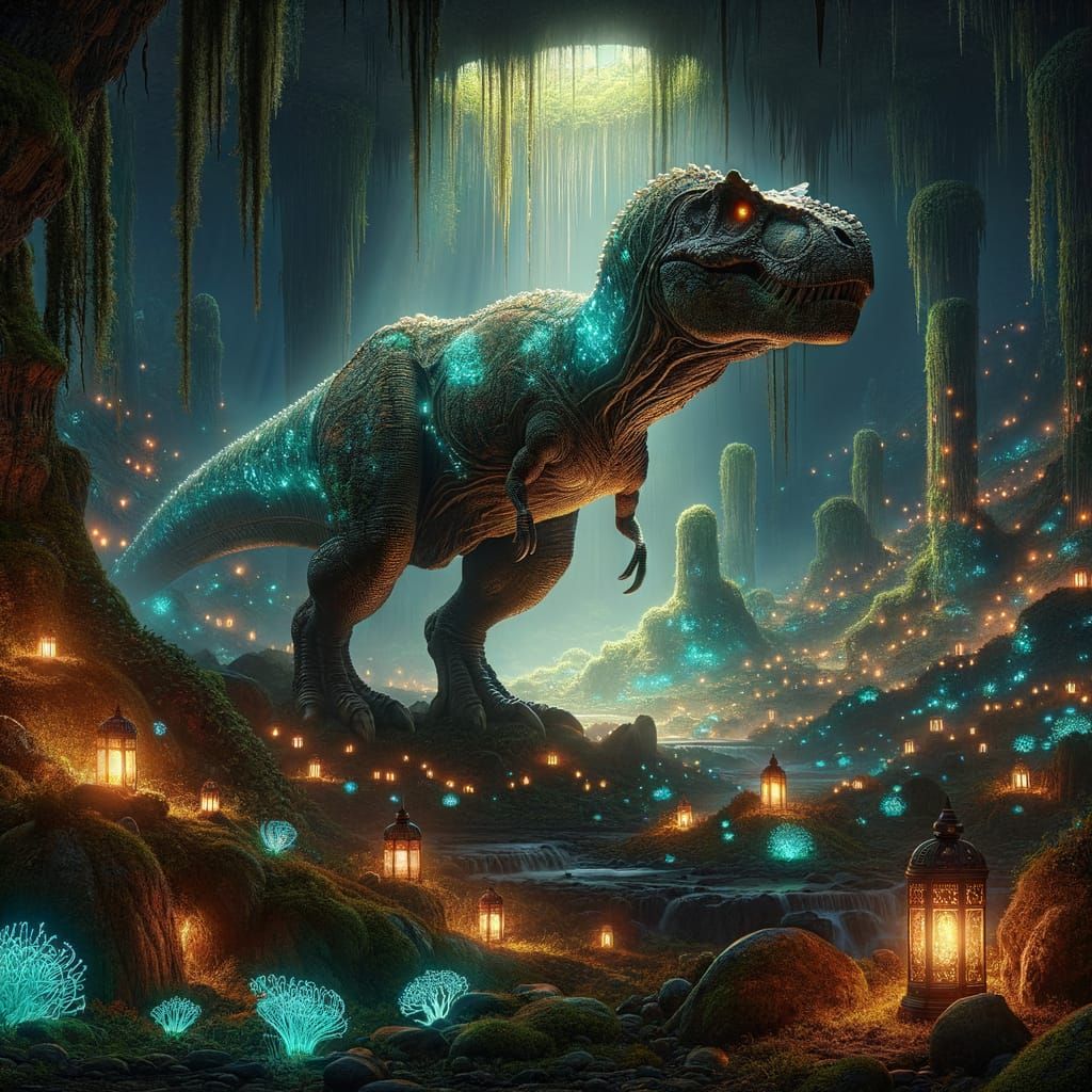 Majestic T-Rex in Bioluminescent Prehistoric Valley