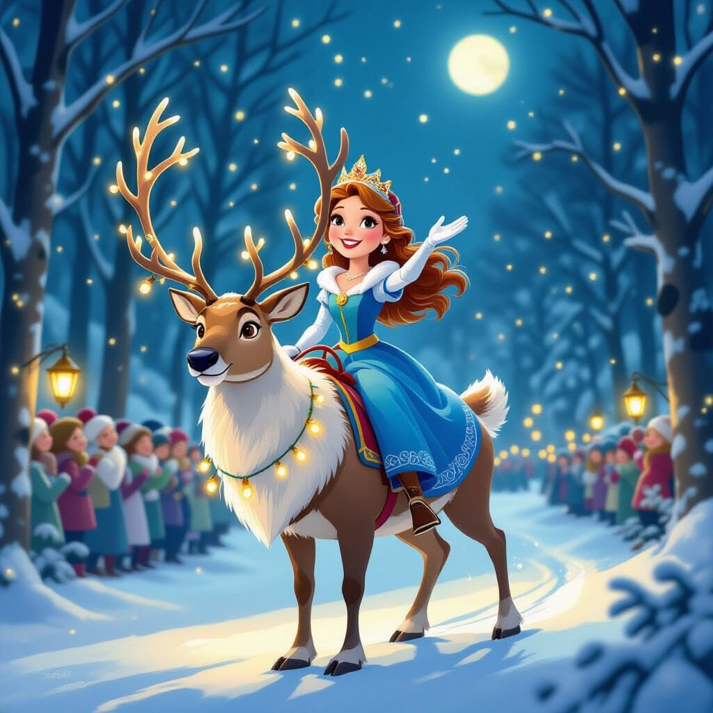 Princess Rides Majestic Reindeer in Snowy Forest