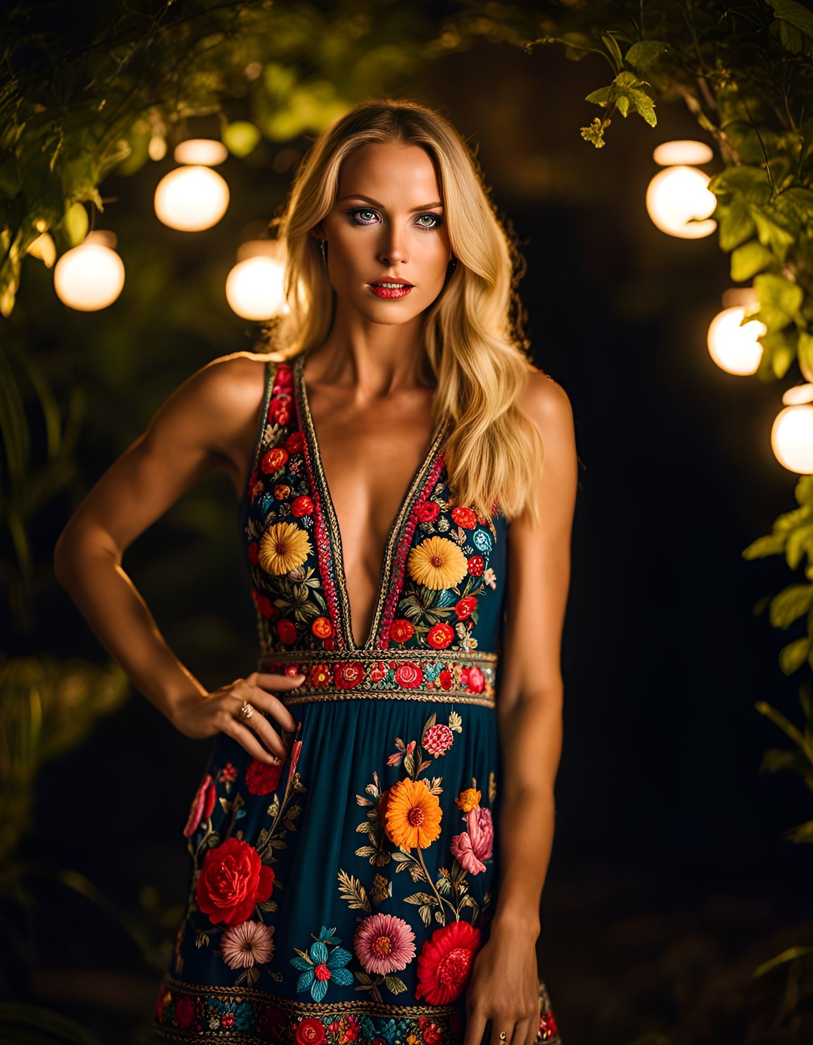 Blonde Woman in Embroidered Dress at Night