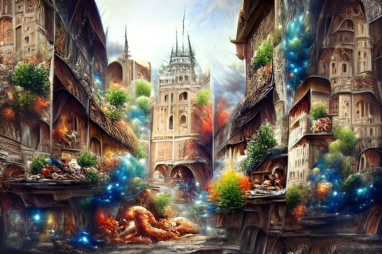 Enchanted Medieval Cityscape with Magic and Creatures