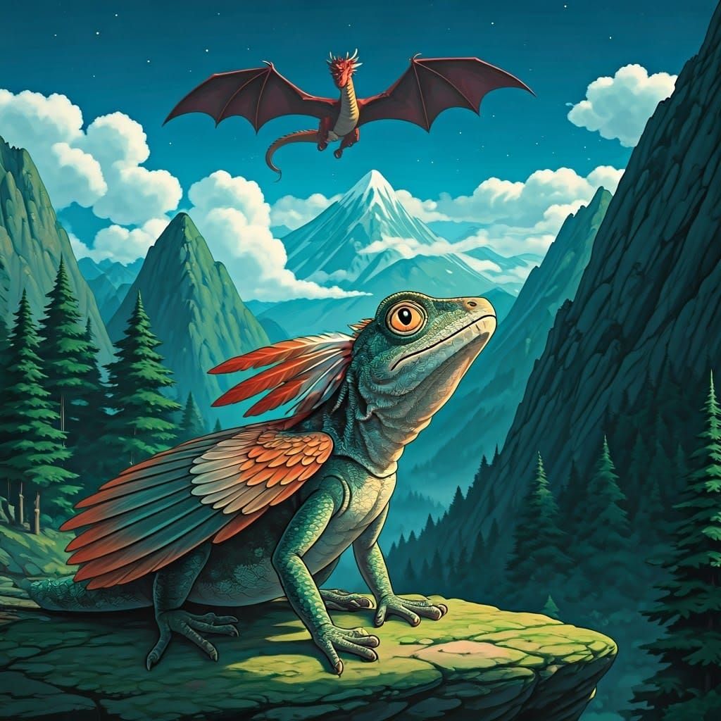 Winged Lizard Gazing at Red Dragon, Miyazaki-Inspired