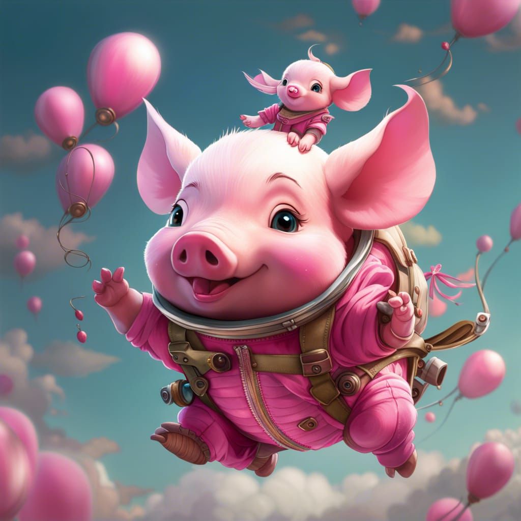 Cute Pink Piglet Skydiving: Fantasycore Digital Art