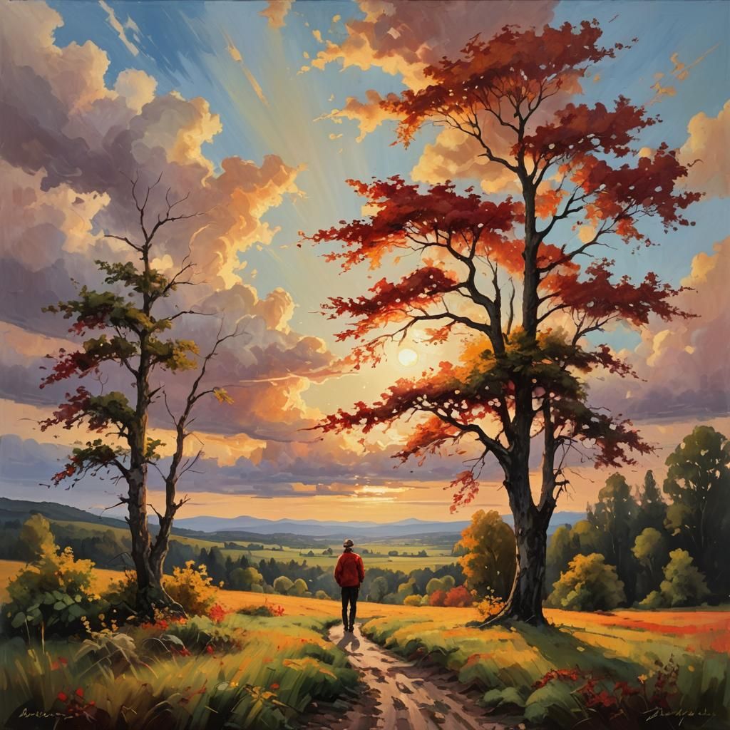 Figure Greets Crimson Sky: Oil Painting Landscape