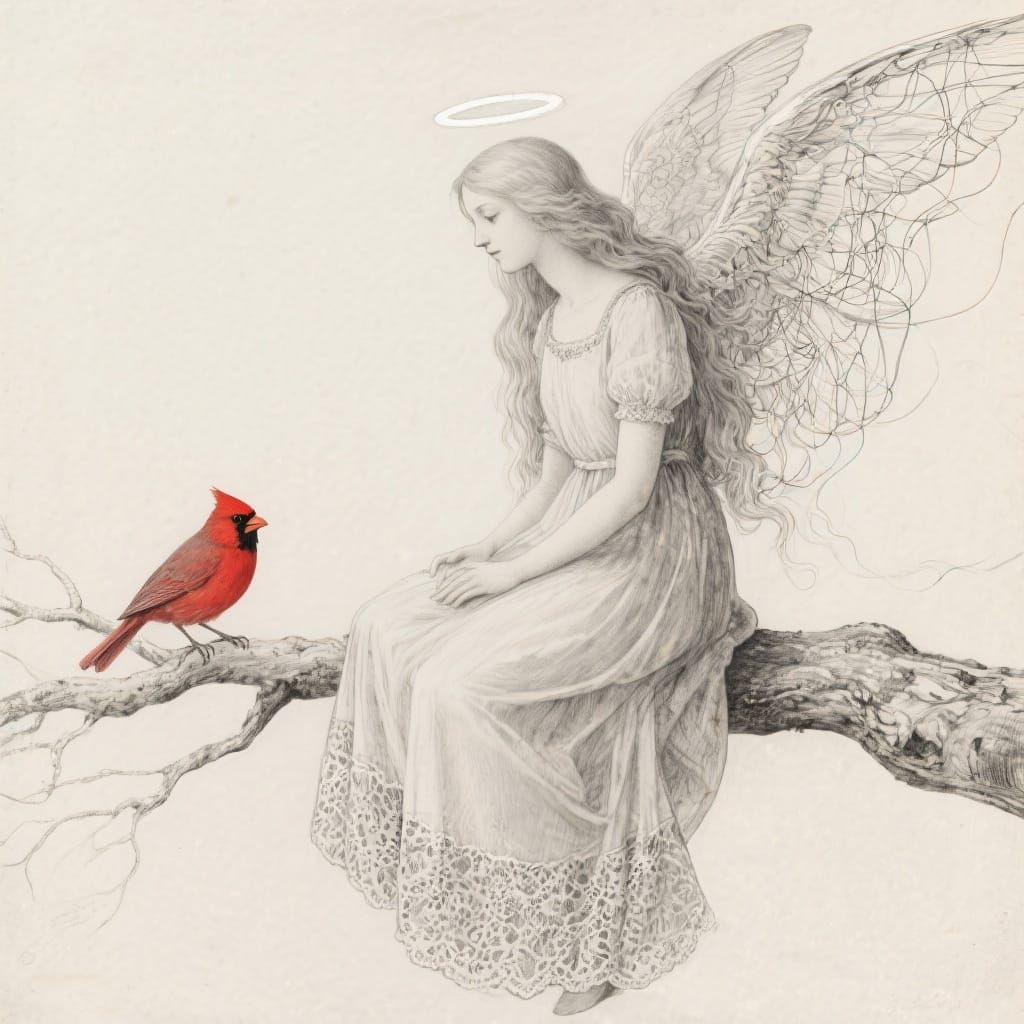 Pencil Sketch of Angel with Cardinal, Dürer & Jean Style
