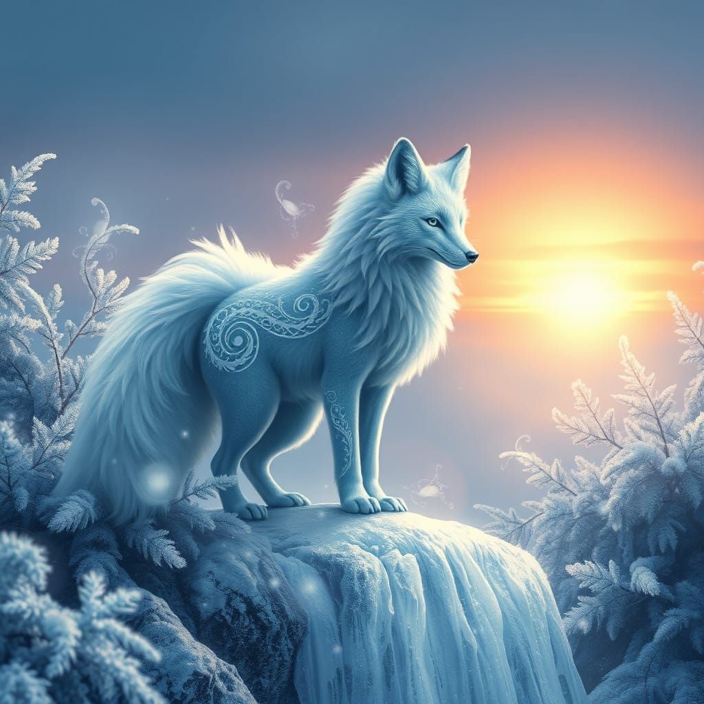 Mythical Frost Kitsune Amidst Winter Wonderland