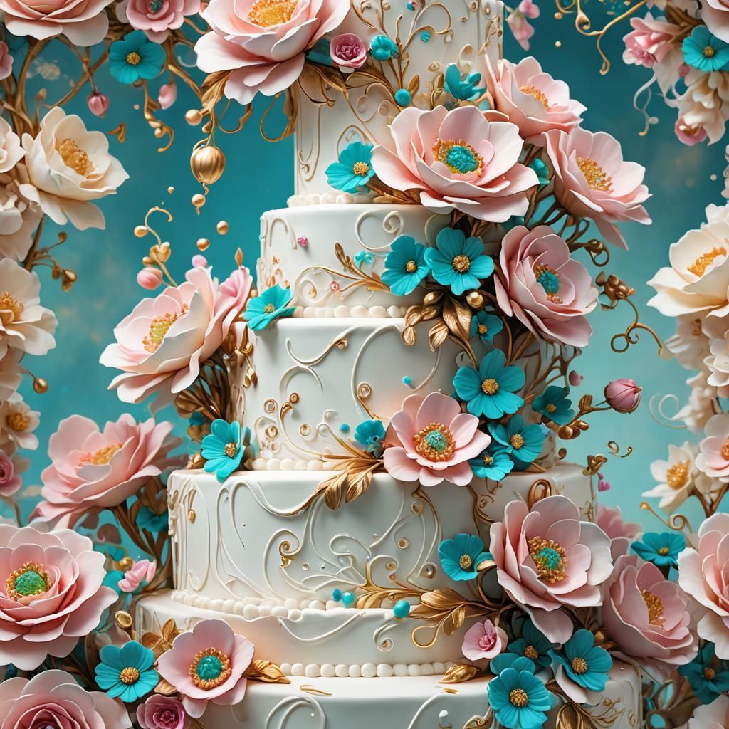 Ornate Wedding Cake with Icing Flowers in Fantasy Style