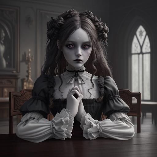 Creepy Gothic Porcelain Doll in Dark Castle