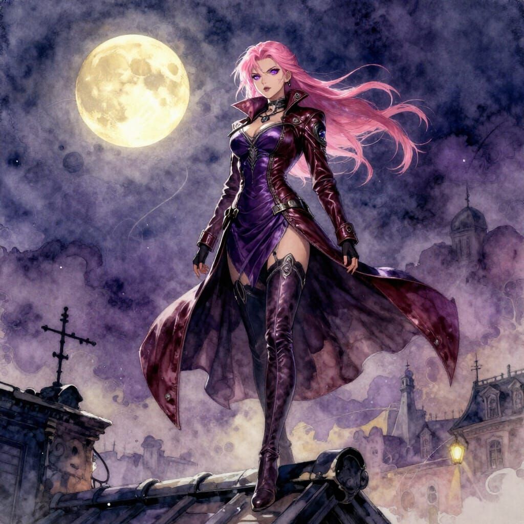 Pink Haired Rogue on Rooftop in Moonlight Watercolor Style