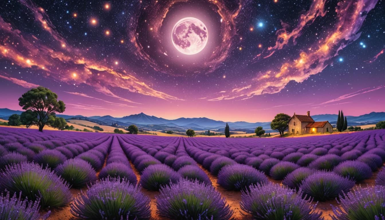 Lavender Fields at Night: Holographic Cosmic Illustration