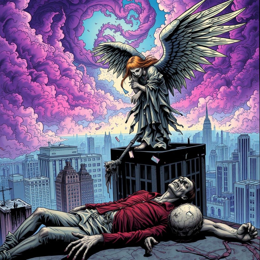 Angel in Despair Amidst City Decay