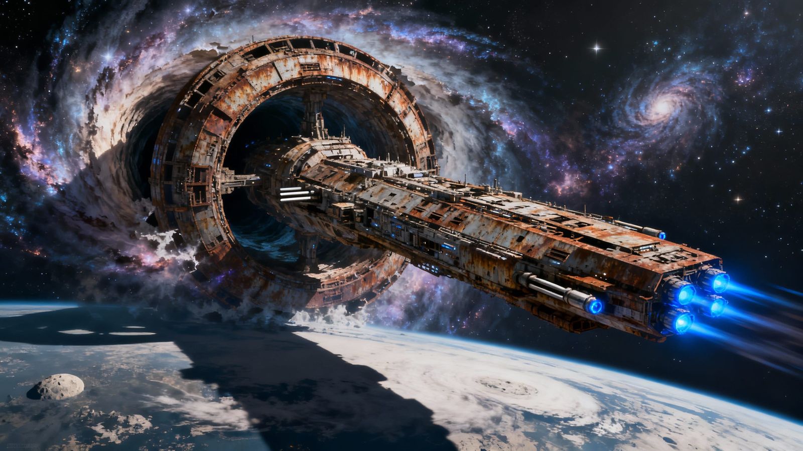 Massive Gyroscope Spaceship Emerging From Wormhole