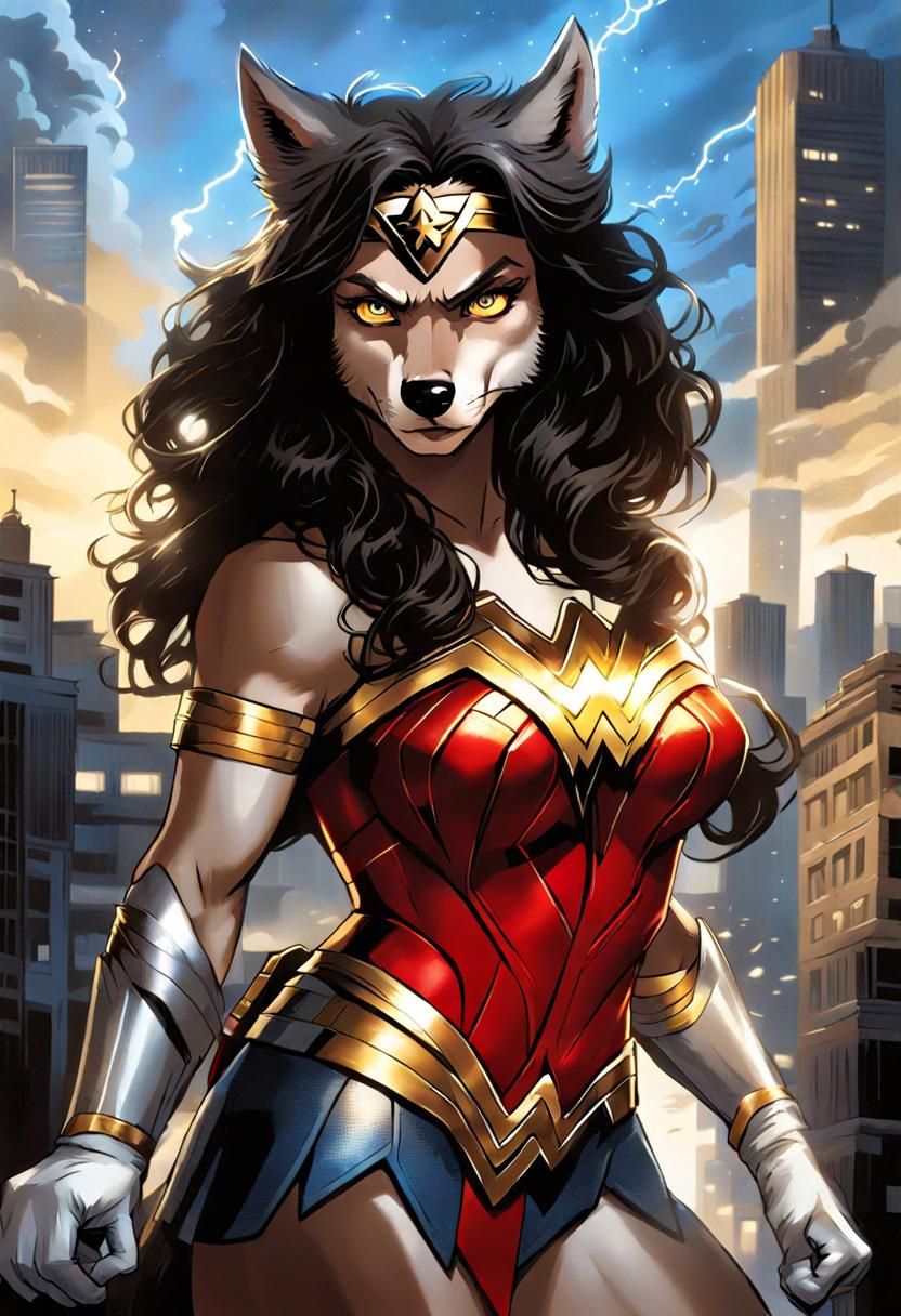 Wonder Woman Wolf Superhero in Comic Book Art