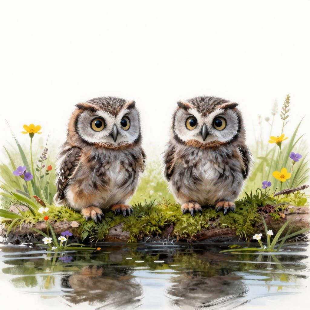 Fluffy Owlets on Mossy Branch Over Reflective River