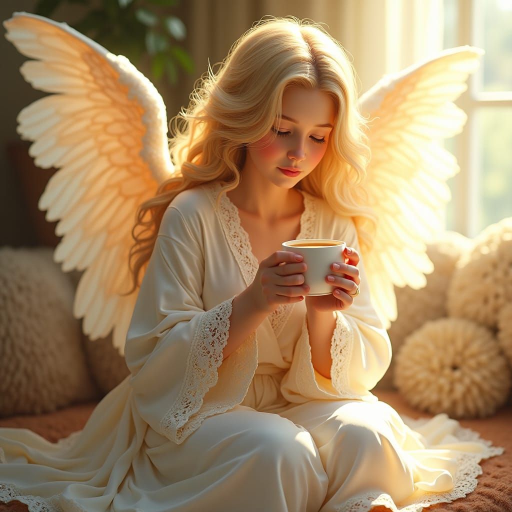 Angel Enjoying Coffee in Dreamy Ethereal Style
