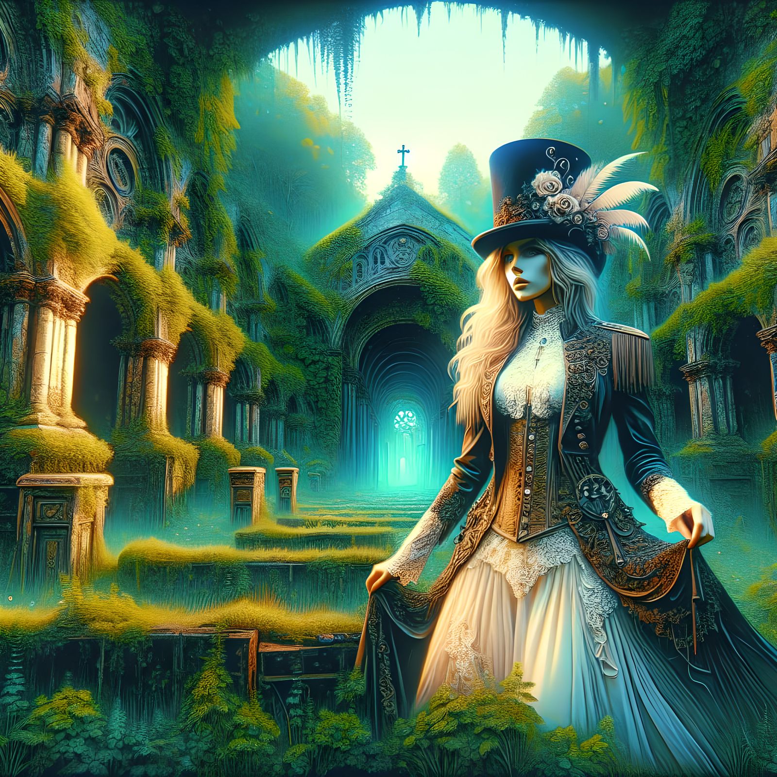Steampunk Beauty in Gothic Ruins: Fantasy Concept Art