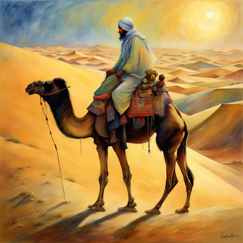 Beduin and Camel Journey Through Desert Oasis