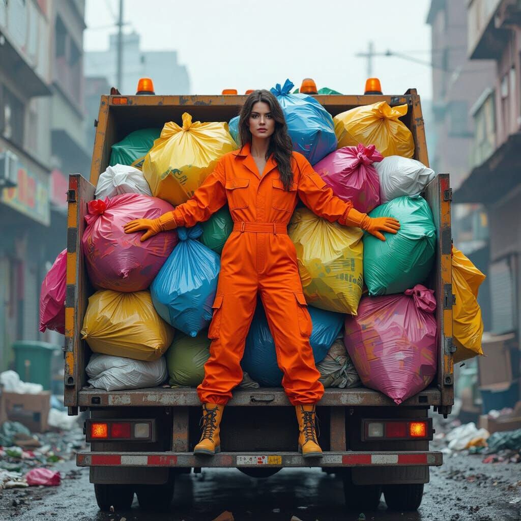 Garbage Truck in Dystopian Cityscape, Hyperrealistic Art