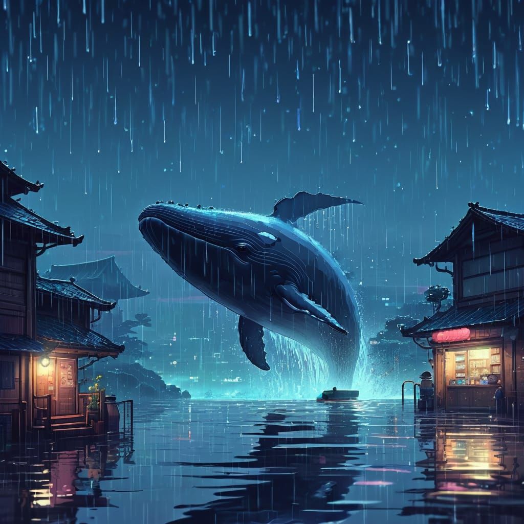 Surreal Whale in Rainy Night 8-bit Style