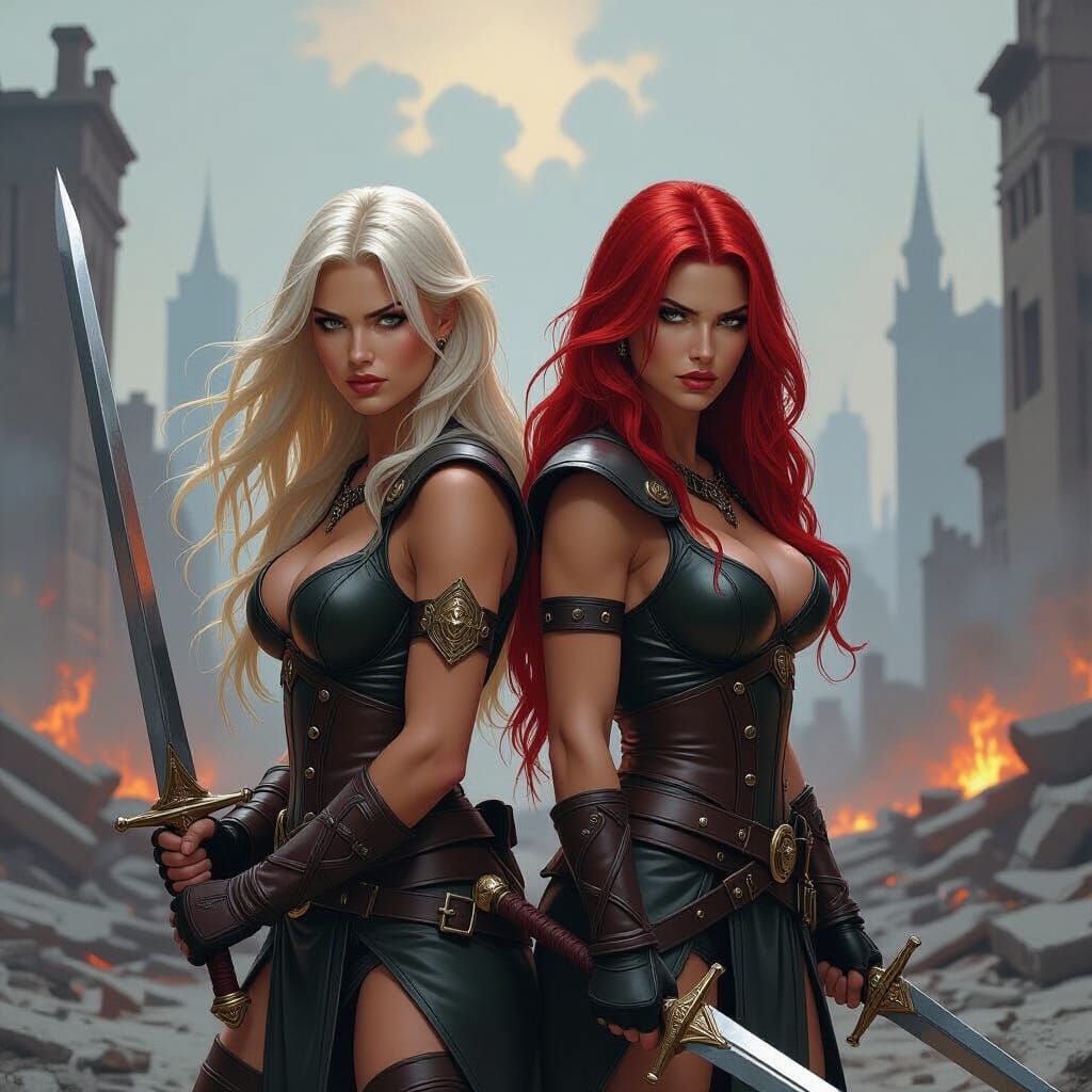 Warrior Women in Ruined Cityscape, Cinematic Art