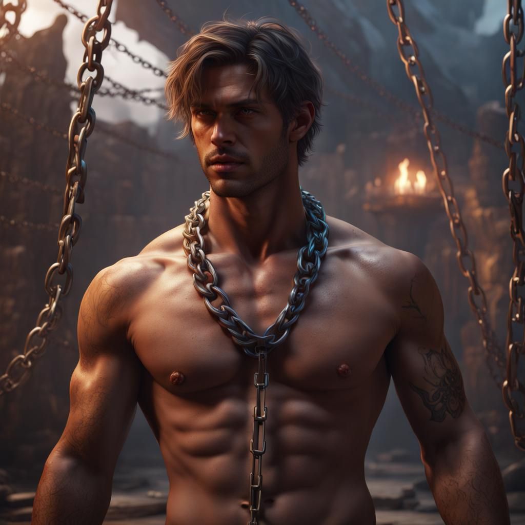 Shirtless Man in Chains: Detailed Fantasy Art